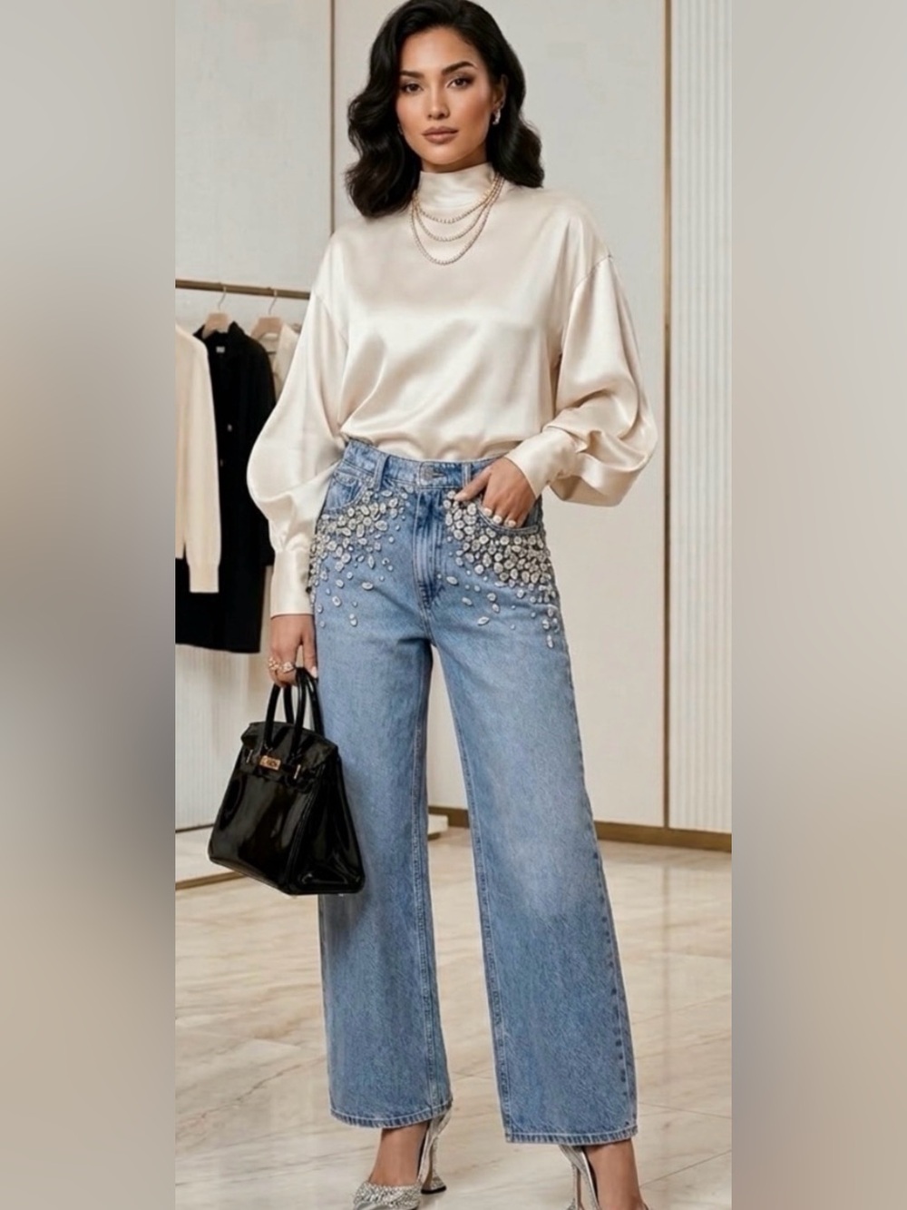 Torn by Ronny Kobo Wide-Leg Embellished Jeans - Picture 1 of 7